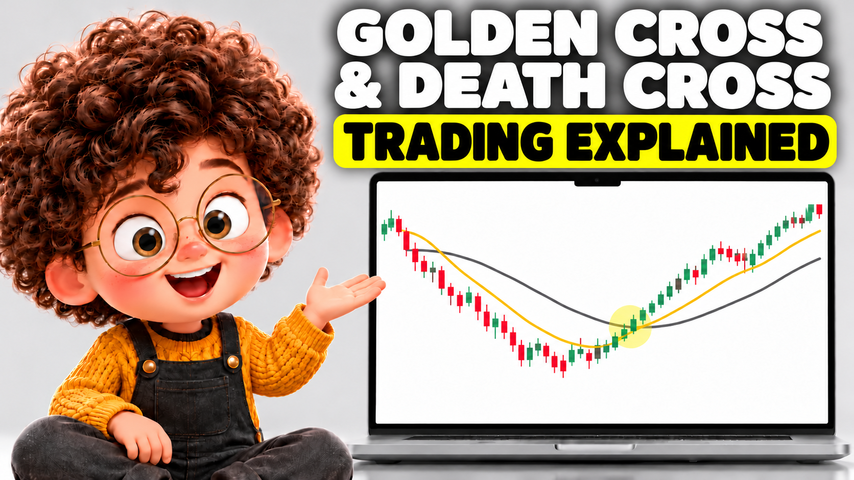 85st student character presenting a golden cross chart with the title “Golden Cross & Death Cross Trading Explained.”
